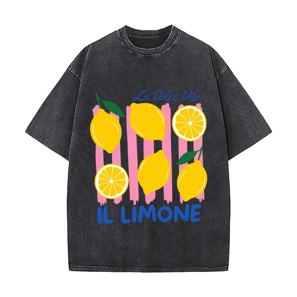 La Dolce Vita Il Limone Lemon Graphic Vintage Distressed Loose Streetwear Tops For Campus Days