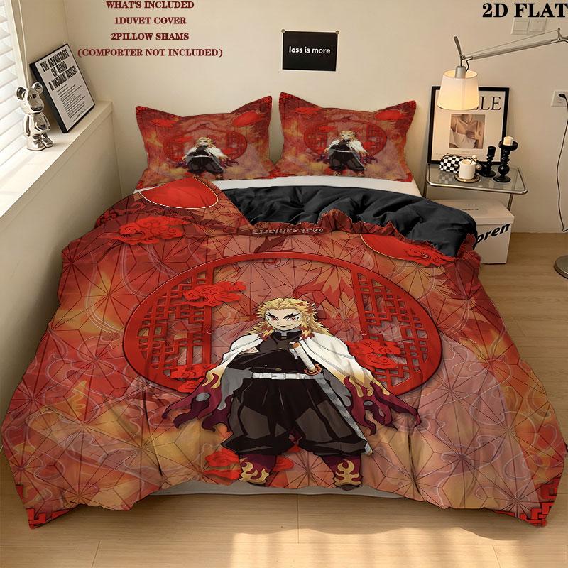 Demon Slayer Pattern Bedding Quilt Set Quilt Cover Pillowcase Home Birthday Gift(1 * duvet cover + 2 * pillowcase, without core)