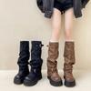 Модные ретро ботинки с круглым носком на толстой подошве с высоким голенищем женские 2025 осень и зима новая верхняя одежда однотонные с пальто брюками ботинки