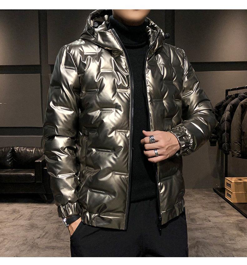 Мужской серебристый блестящий зимний пуховик, мужской теплый короткий белый утиный пух с капюшоном