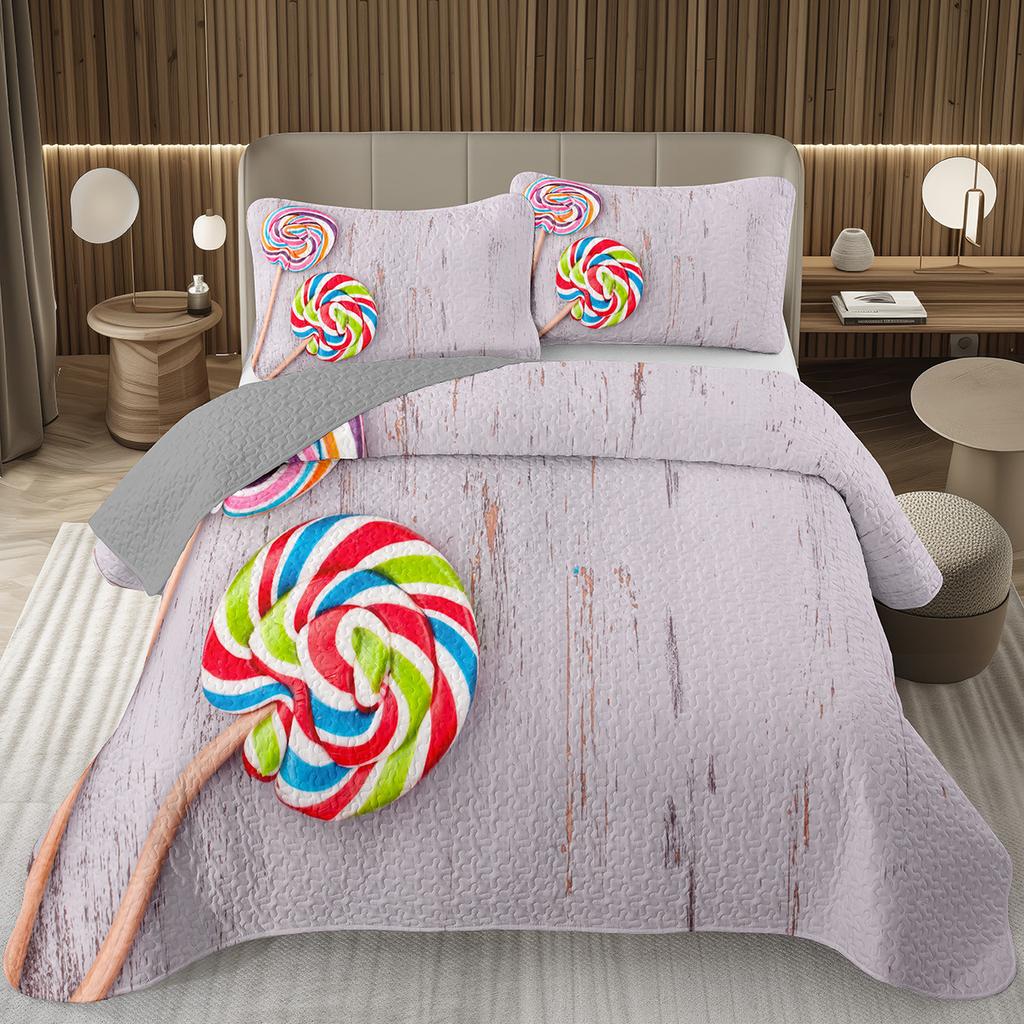 Сладкий Конфетный Комплект Квилтов для Девочек Мальчиков Подростков, Комплект Покрывал на Кровать на Тему Леденцов Кинг Десертное Стеганое Покрывало Мультяшный Стиль Покрывало на Кровать
