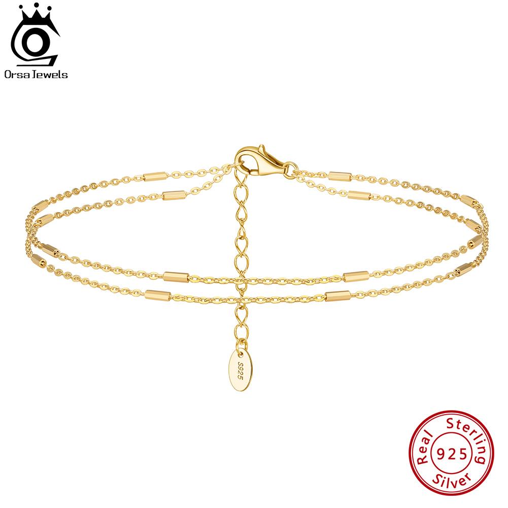 ORSA JEWELS S925 Silver Ankle Bracelet Summer Cable Chain Anklet Layered Dainty Cute Adjustable Beach Foot Jewelry SA35