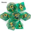 7 Pcs Green Flowing Sand Golden Number Sharp Edge Resin Dice Polyhedral Dice Suitable for Role-Playing RPG Board Game