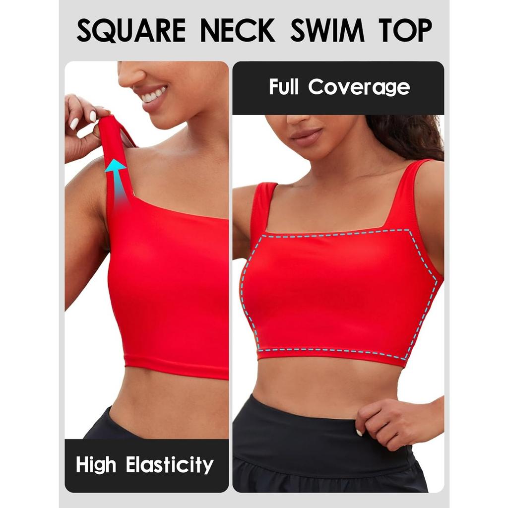 CHARMLEAKS Женский топ бикини с квадратным вырезом, быстросохнущий купальный костюм с защитой UPF 50+, только верхняя часть