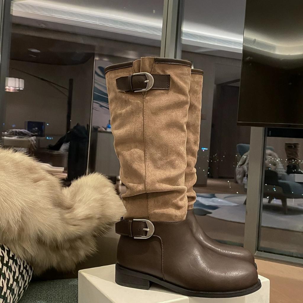 Ma Sichun same thick heel suede splicing knight boots women's boots 2025 autumn and winter belt buckle thin boots