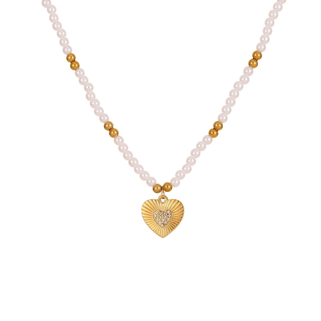 GEMCHIC Women's Imitation Pearl Necklace with Heart Flower Pendant Stainless Steel Clavicle Chain