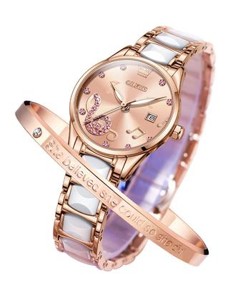 Женские часы OLEVS Rose Japanese Bracelet Easy to Date, розовые, милые, популярные, водонепроницаемые, светящиеся, золотые, с механизмом, в комплекте, керамические, для чтения,