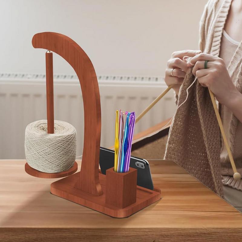 Деревянный держатель для пряжи с подставкой для телефона, вращающийся на 360 градусов, инструмент для вязания с противоскользящей накладкой, прялка для пряжи для вязания спицами и крючком