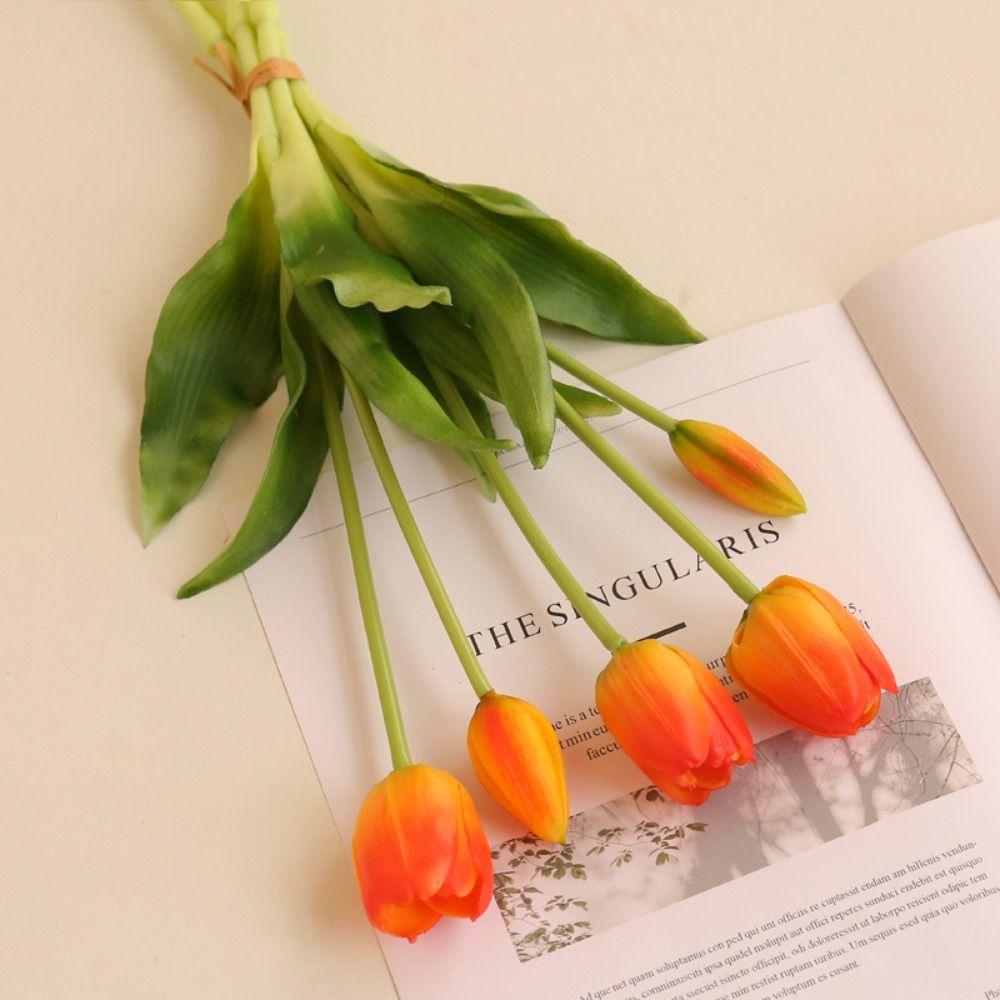 Real Touch Fake Flower 5 Heads Artificial Flower Realistic Tulips Bouquet