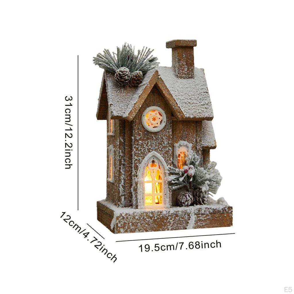 Christmas Snow House Statue Decor with Light, Craft, Wooden Village Figurine,