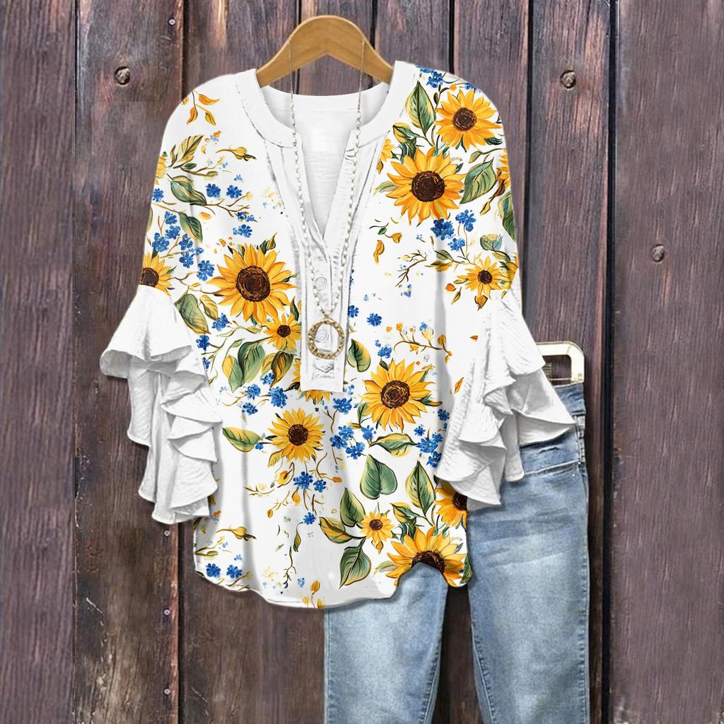 Summer Tops For Women Cute V Neck 3/4 Sleeve Blouses Floral Print Top Casual Shirts
