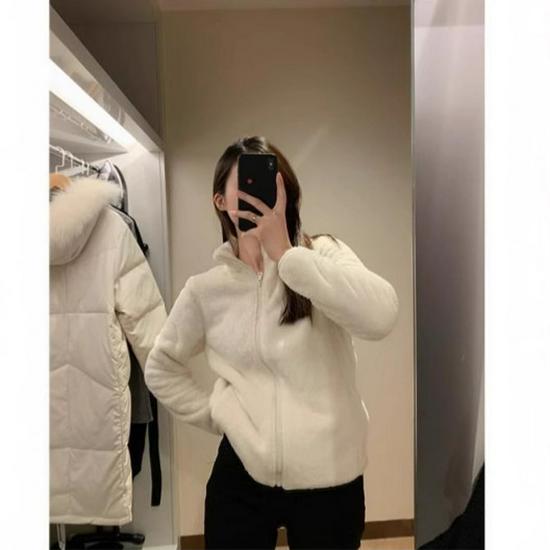 Женская флисовая куртка большого размера с двусторонним ворсом - Бархатистая, Плотная, Осень/Зима, Теплая, Свободного кроя, Воротник-стойка, Модный кардиган-свитшот.