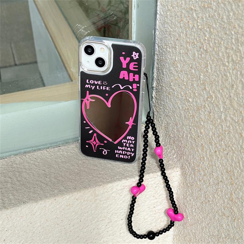 Корейский милый браслет Y2k с розовым сердечком, зеркальный чехол для телефона для Iphone 14 13 12 11 Pro Max, черный крутой противоударный мягкий чехол Funda
