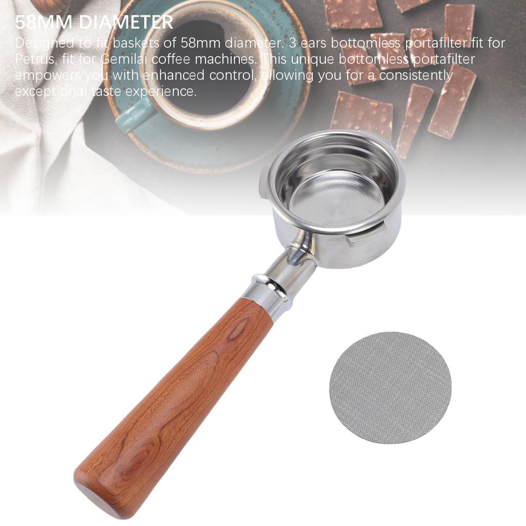 58mm Bottomless Portafilter Fit for Petrus Coffee Machine 3 Ears Bottomless Portafilter with Solid Wood Handle Puck Screen