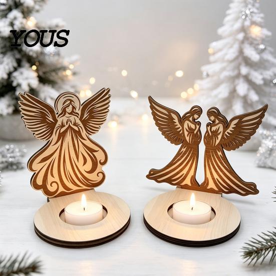 Christmas Atmosphere Supplies Wooden Candle Holder, Praying Angel Tabletop Tealight Stand, Religious Stable Base Decorative Candlestick for