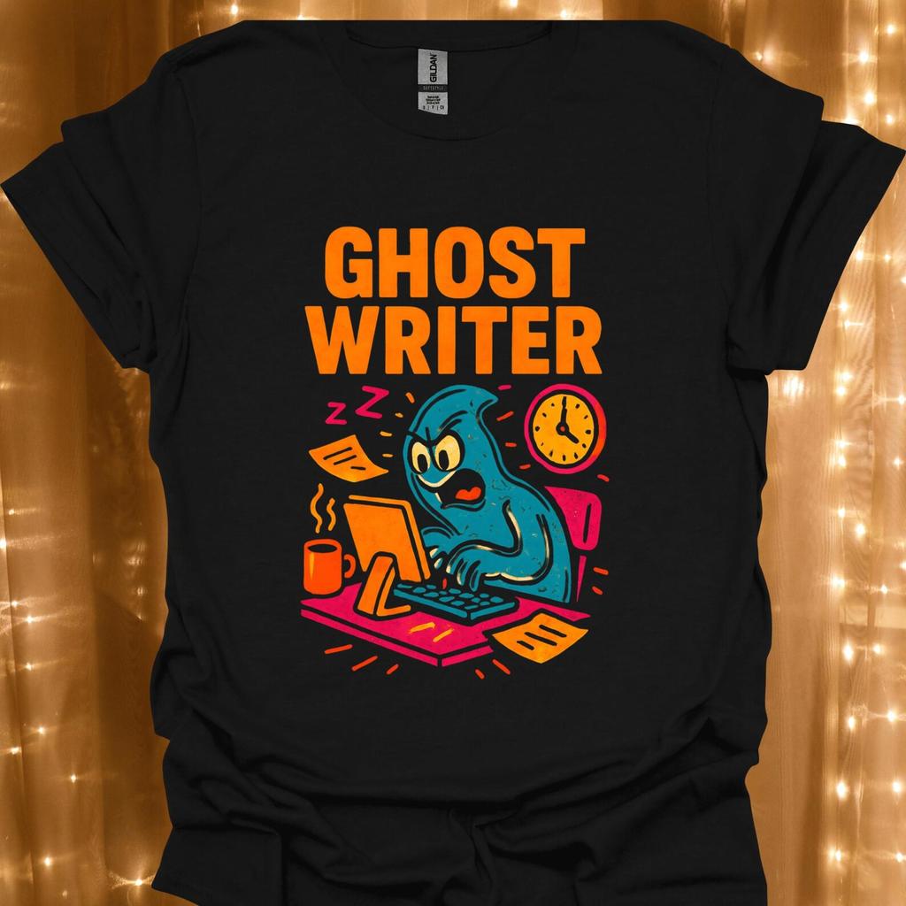 Ghost Writer Illustration T-Shirt | Halloween Ghost Typing Design | Gift for Author |