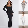 Women's Fashion Solid Color Knitted Hip Square Collar Long Sleeve Dress Sexy Slim Dress