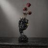 yangyizhi Hear No Evil, Speak See Evil Skull Vase, Resin Ornament with Rose Decor, Halloween Gothic Skeleton Display for Shelf Desk Altar, Horror