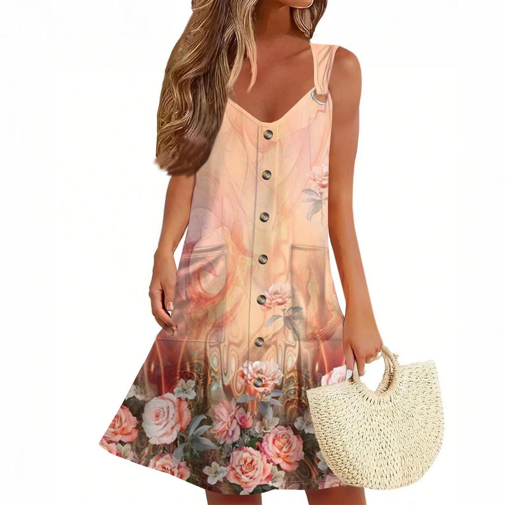 Женское летнее платье с карманом без рукавов сарафан с цветочным принтом