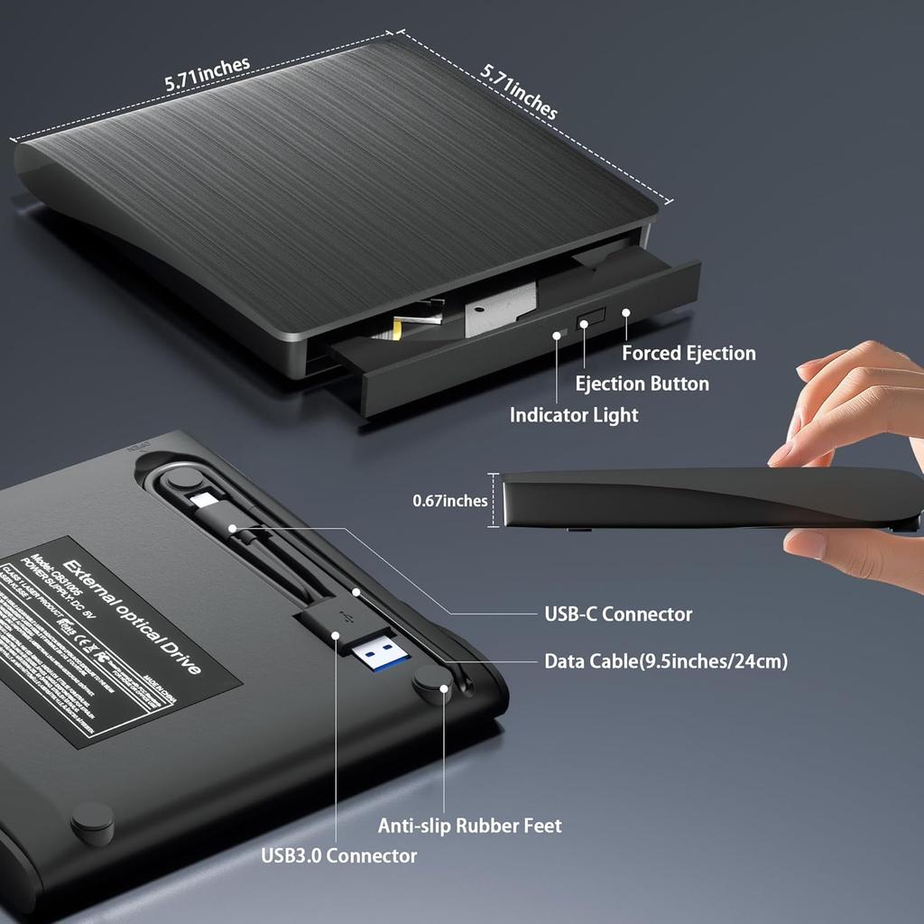 External DVD CD Drive, 2 in 1 USB 3.0 Type-C Portable CD Burner, CD ROM +/-RW External CD Player for PC Laptop Desktop
