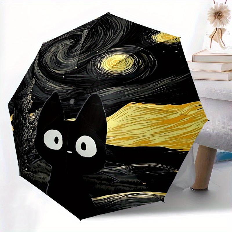 1pc Starry Night Cat Automatic Folding Exquisite Umbrella Portable Collapsible Design, 8-Rib Iron Frame, Durable Fabric,27168