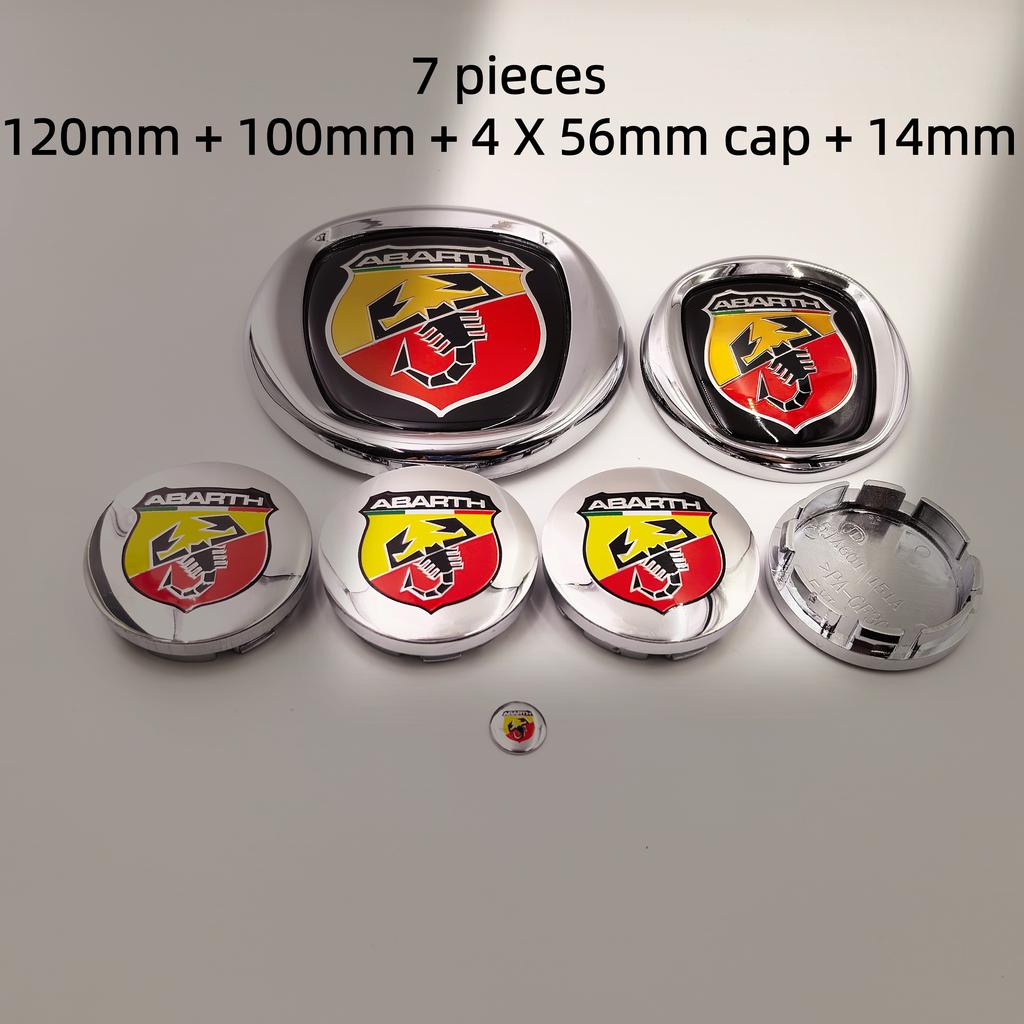 7pcs fiat Abarth Car Hood Front Bonnet Grill Rear Trunk Emblem Logo Badge 85/95/100/120mm Car Wheel Center Caps Hubcap Cover