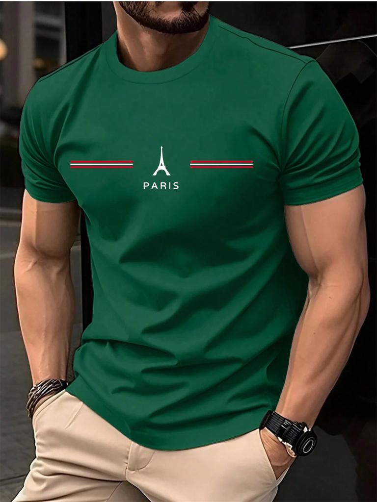 Men's 100% Pure Cotton Summer Loose Oversized Casual Paris Letter Printed Sports Round Neck Short Sleeved T-shirt Top