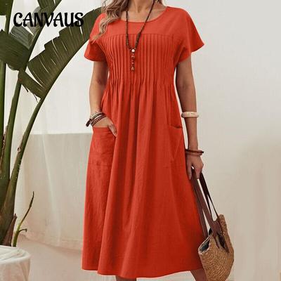 Летнее женское платье большого размера, длинное, однотонное, с круглым вырезом, карманом, плиссированное, с коротким рукавом