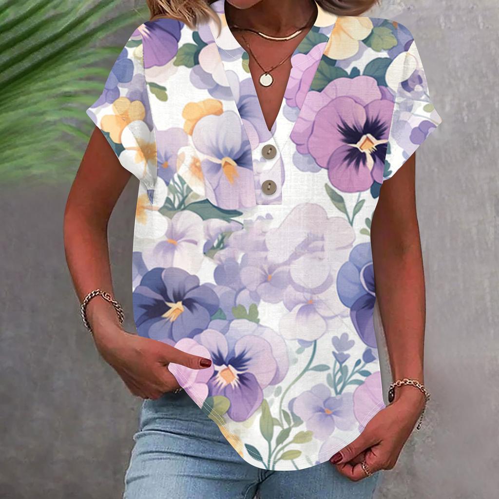 Женская модная повседневная рубашка с v-образным вырезом и коротким рукавом с принтом, футболка на пуговицах, топ