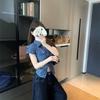 Корейская ретро рубашка в клетку контрастных цветов, укороченная, с короткими рукавами, женская, летний дизайн, нишевая, облегающая, тонкая, с открытыми плечами