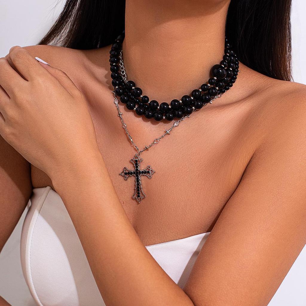 Dark Style Acrylic Beaded Necklace with Cross Pendant - All-Match European and American Fashion for Women
