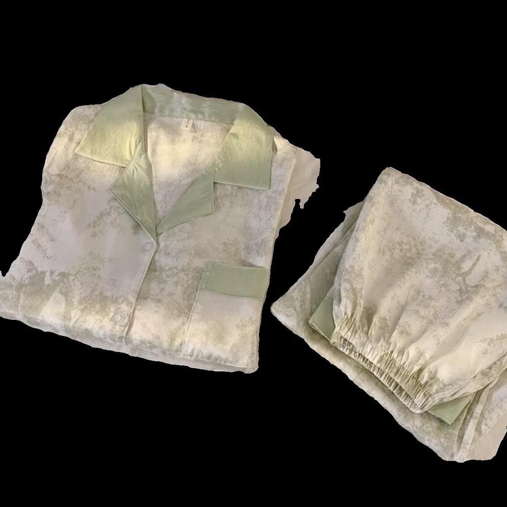 Женский пижамный комплект из ледяного шелка на весну/осень 2025 года - С длинным рукавом, Тонкий, Высококачественный, Милый, Домашняя одежда из двух частей