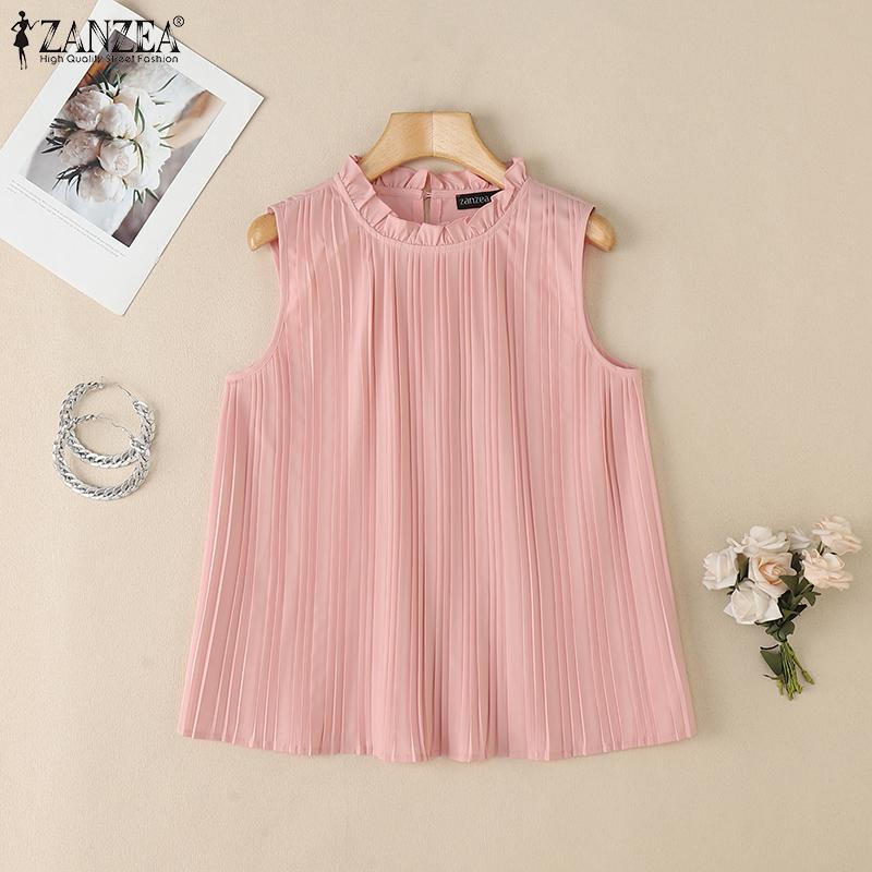 ZANZEA Женская повседневная блузка с круглым вырезом, однотонная, свободного кроя, без рукавов