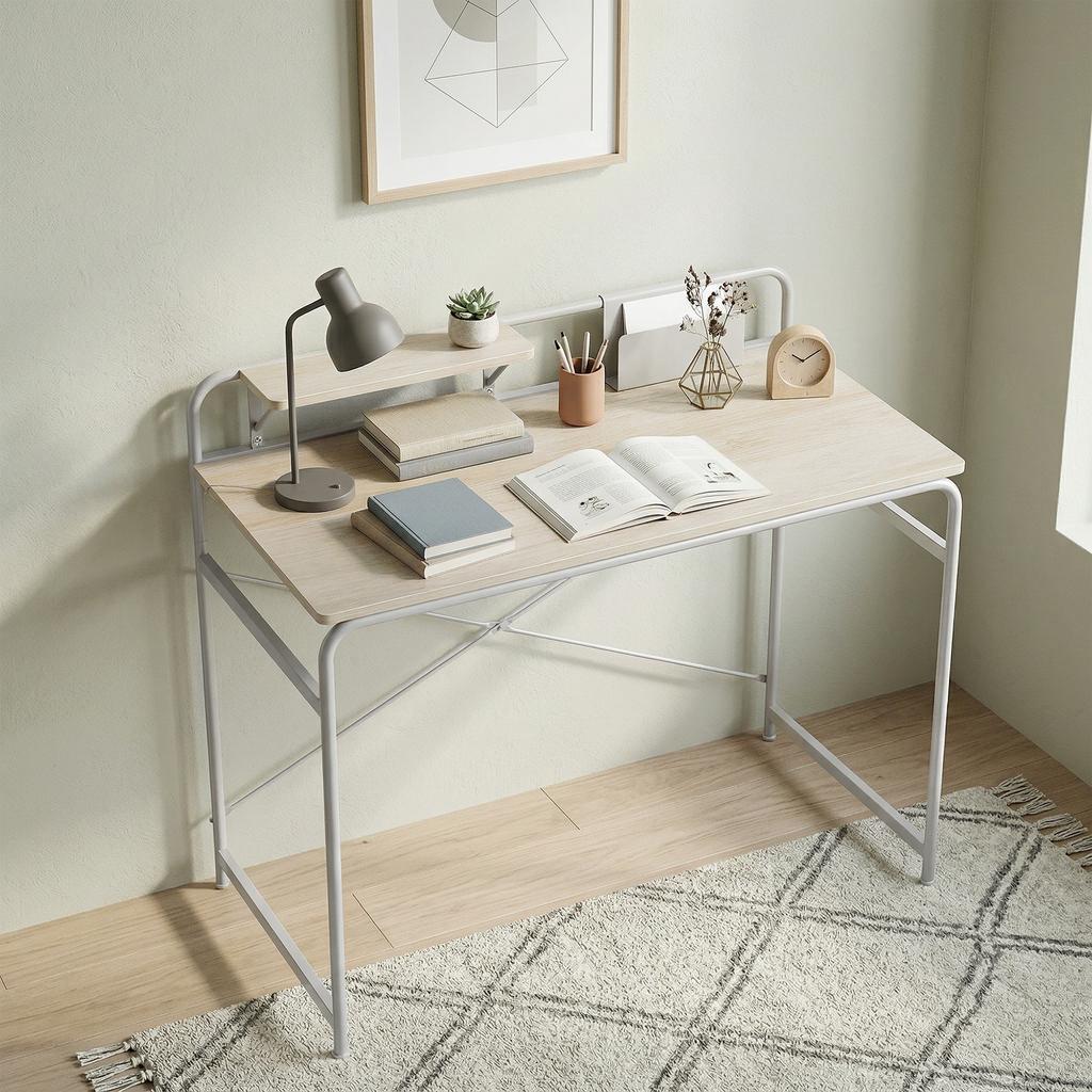 Modern Desk With Shelf And Metal Structure Easy Assembly 98x48x88.5 Cm Oak