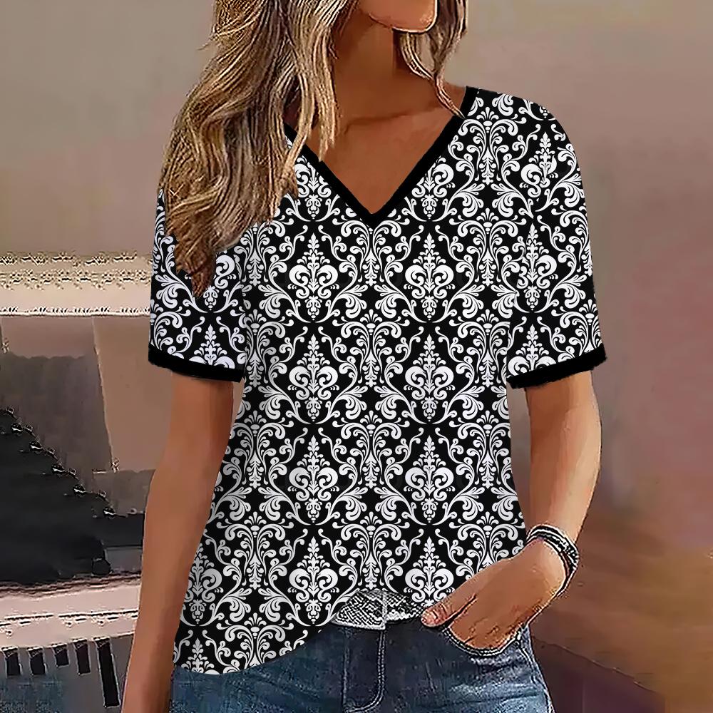 S-8XL Плюс Размер Модная женская футболка с V-образным вырезом и коротким рукавом Футболки Топы Уличная одежда Летний повседневный пуловер Женская одежда больших размеров