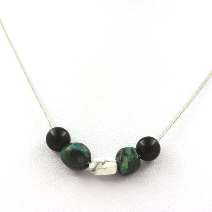 Stones and Minerals. 8mm Black Agate + Chrysocolla from the USA + Howlite Pearl Necklace with Stainless Steel Chain.