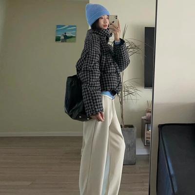 Черная клетчатая пуховая куртка женская короткая 2025 новый дизайн шерстяная американская ретро утолщенная куртка-пуховик