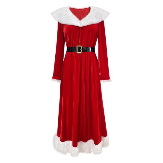 Mrs. Claus Costume Christmas Red Velvet Dress for Women Long Sleeve V Neck Cosplay Outfit with Santa Hat And Belt