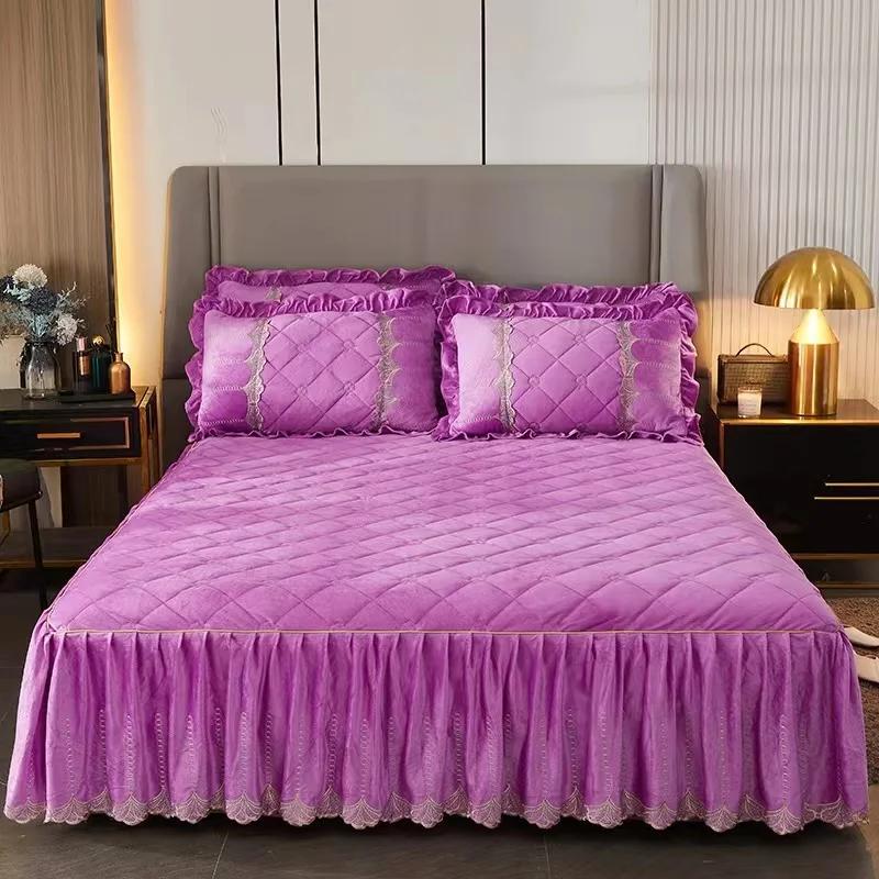 Luxury Solid Color Crystal Velvet Quilted Bedspread King Queen Size Lace Soft Coral Fleece Bed Skirt Not Including Pillowcase