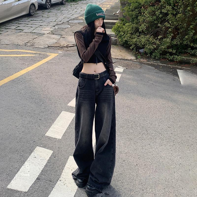 American retro wide-leg pants spring black and gray loose drape floor mopping high-waisted straight jeans women's high street