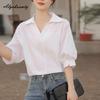 Korean Style Summer Women White Basic Ladies Shirt Turn-Down Collar Casual Loose Baggy Blouse Fashion Ladies All-Match Half Sleeve Shirt