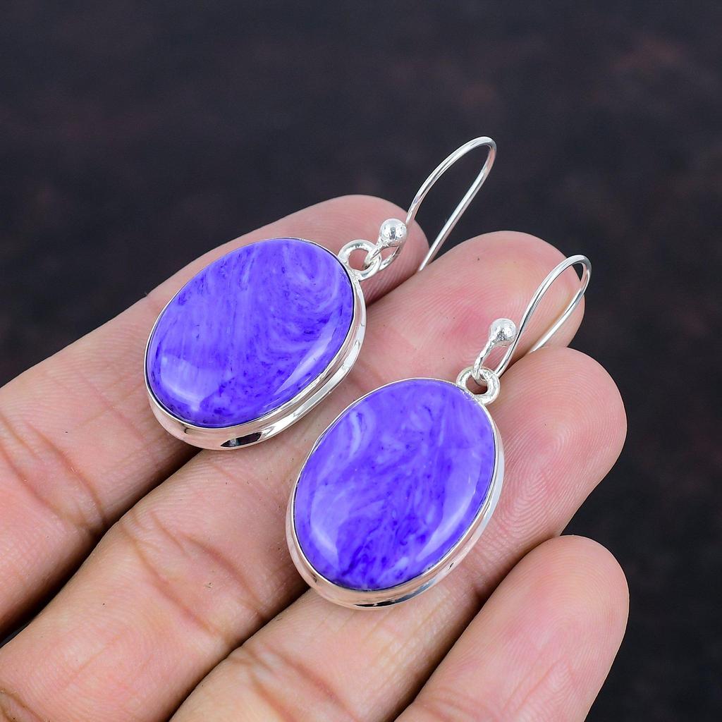 Серьги из чароита, настоящие серьги из драгоценных камней, ювелирные изделия ручной работы, серьги из стерлингового серебра 925 пробы, ювелирные изделия из чароита, новейшие дизайнерские серьги, подарки для нее