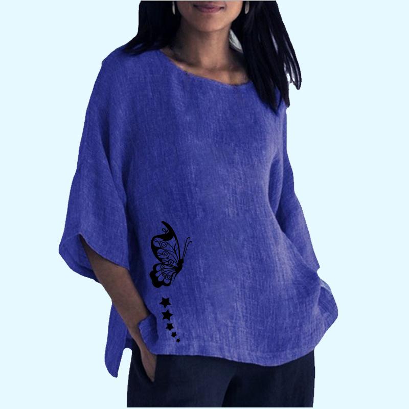 Women Casual 3/4 Sleeved Cotton Linen Top Ladies O Neck Spring&summer Thin Print Plus Size Long Shirt