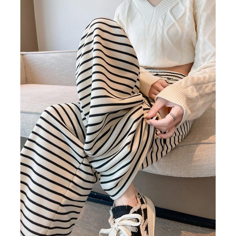 Черно-белые контрастные полосатые брюки с высокой талией и широкими штанинами для женщин на осень и зиму. Новые брюки с высокой талией, облегающие и свободные, до пола для женщин