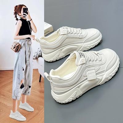 Маленькие белые туфли, женские корейские кожаные спортивные туфли на толстой подошве, женские амортизирующие нескользящие повседневные старые туфли с круглой головкой