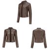 Women Faux Leather Jacket Cropped Zip Up Motorcycle Short PU Moto Biker Outwear Fitted Slim Coat with Pockets Stylish Rivets Punk Rock Fashion Blazer