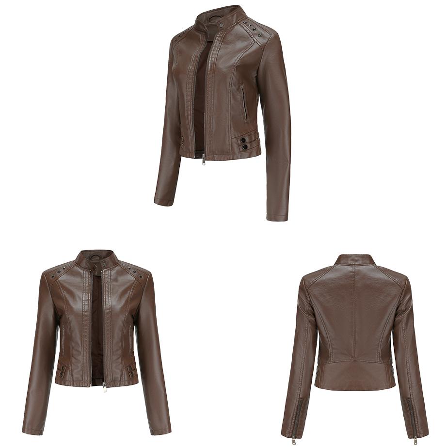 Women Faux Leather Jacket Cropped Zip Up Motorcycle Short PU Moto Biker Outwear Fitted Slim Coat with Pockets Stylish Rivets Punk Rock Fashion Blazer
