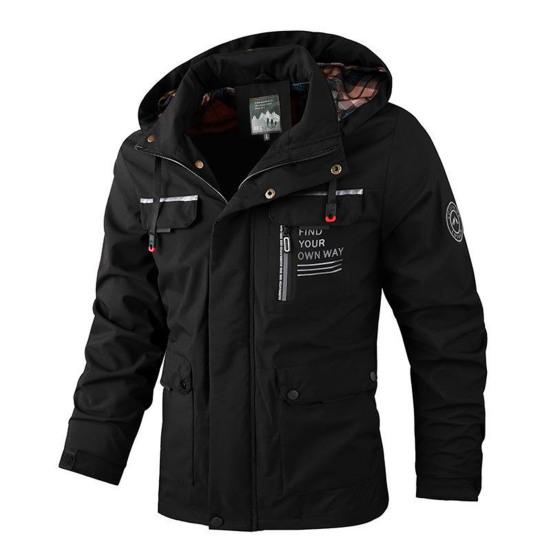 Men Zipper Buttons Placket Casual Windbreaker Jacket Lapel Hooded Long Sleeve Multi Pockets Design Waterproof Outdoor Soft Shell Winter Coat
