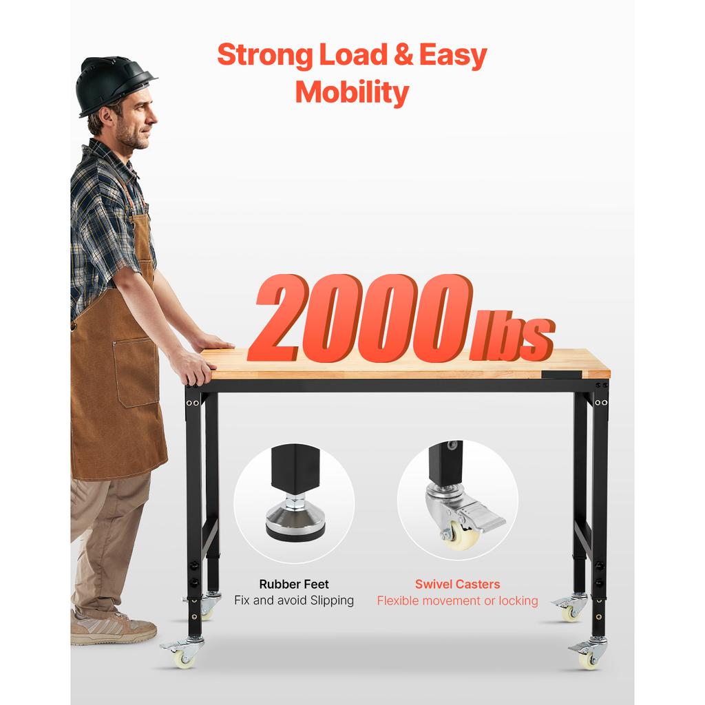 SucceBuy 48-Inch Adjustable Workbench 2000 lbs Load Work Bench with Power Outlet Wheels and Pegboard for Garage Workshop Home