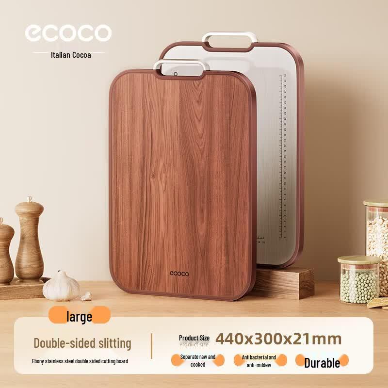 ecoco Большая двусторонняя антибактериальная разделочная доска из черного дерева и нержавеющей стали